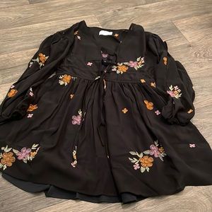 ASOS Design Petite long sleeve dress. Black w/ floral, front tie details